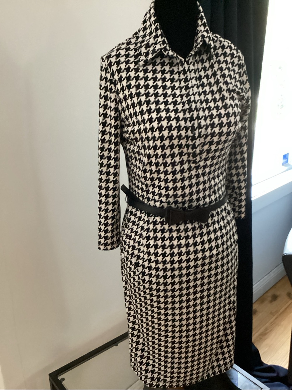 Black & White Houndstooth Shirt Dress with Belt - Picture 3 of 4